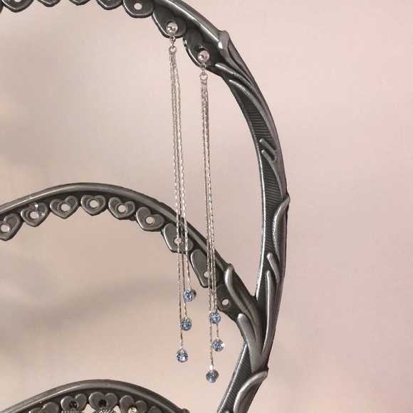 Ultra Long Silver and Blue Crystal Earrings - Picture 1 of 6